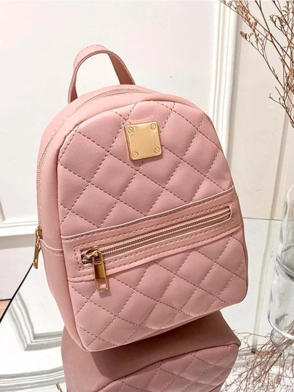 Quilted Small Pink Backpack with Gold Hardware